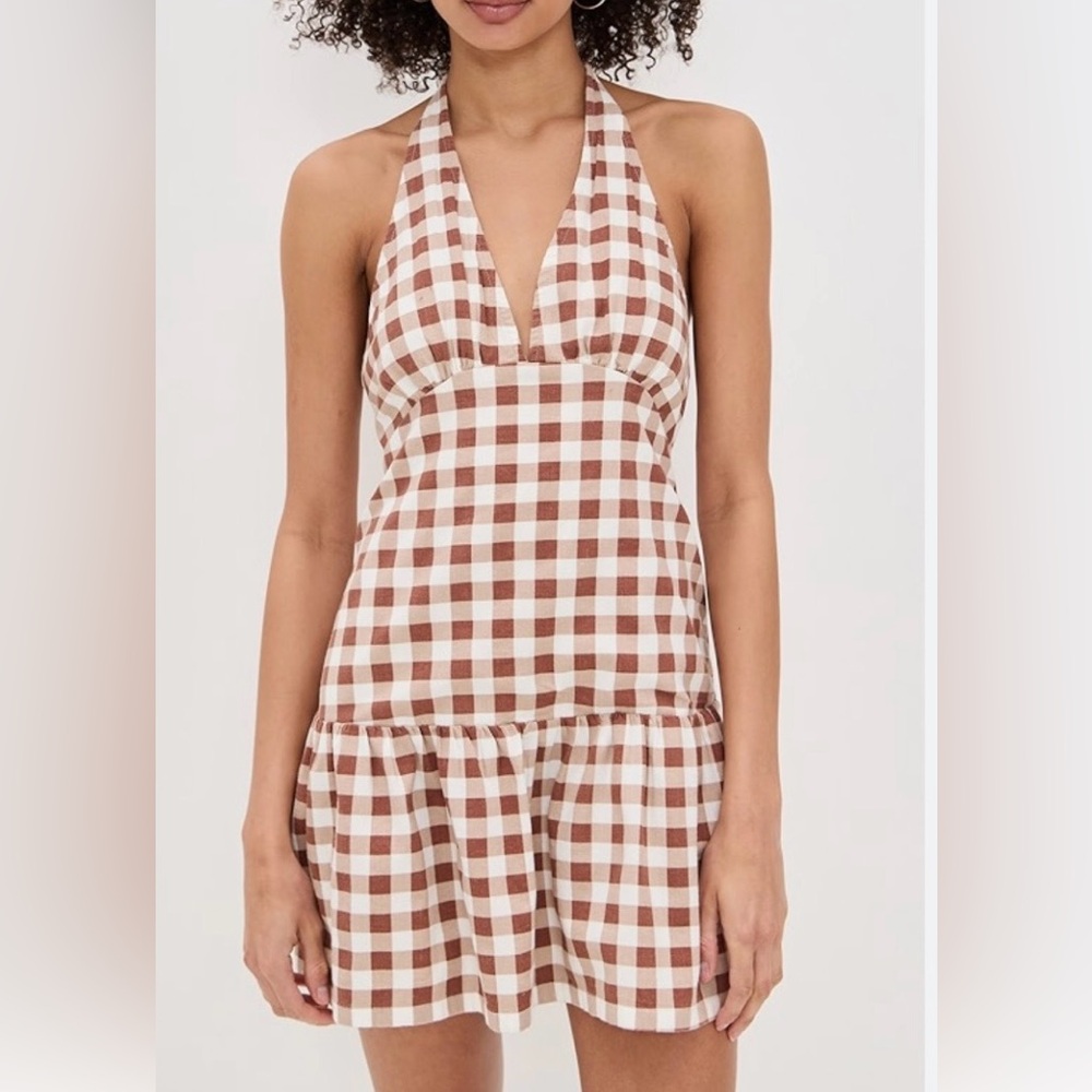 NWT Free People Cecil Brown Checkered Gingham Halter Women’s Mini Dress Size L